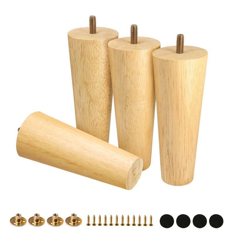 FoDau770 Rubber Wood Furniture Legs 6 Inches, Straight Tapered Wood Legs Mid Century Sofa Legs Set of 4, 5/16"" UNC Furniture Feet Replacement Legs for Cabinet Sofa Couch Dresser Chair Ottoman Table - Image 1